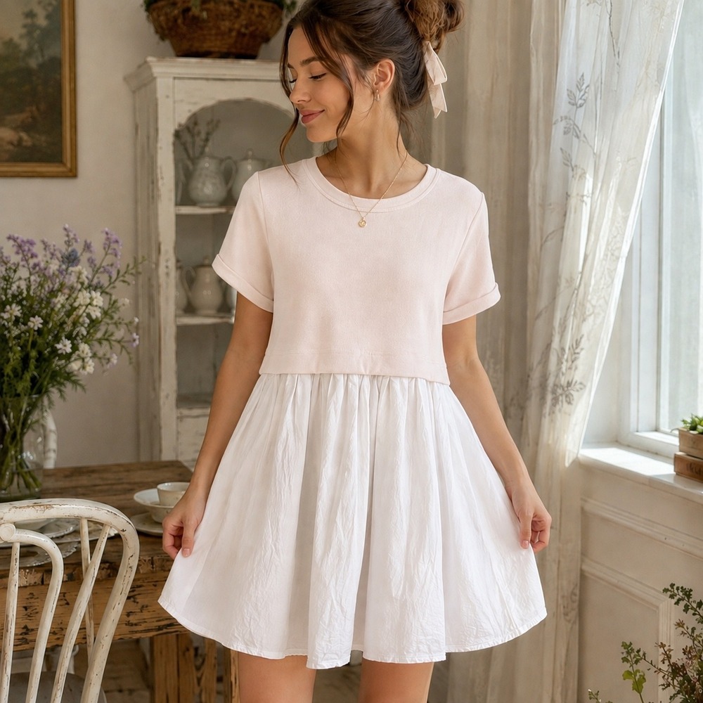 Altar'd State Blush Pink Mixed Media Babydoll Dress Small S Cottagecore